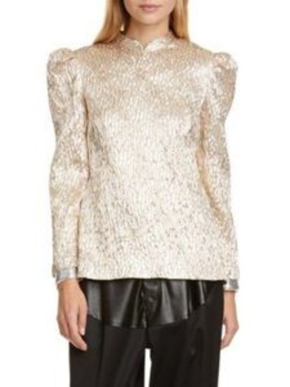 Rachel Comey Bar Top Crinkled Silk Silver Metallic Puff Sleeve Size 10